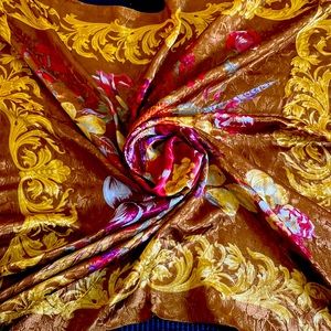 Golden brown floral scarf hand made in Italy